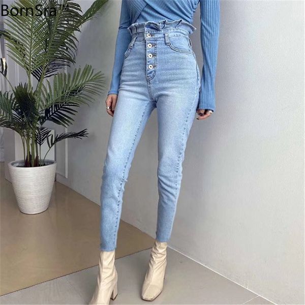 bronsra elegant single-breasted ruffles women jeans pants high waist skinny female jeans 2020 stretched women denim trousers, Blue
